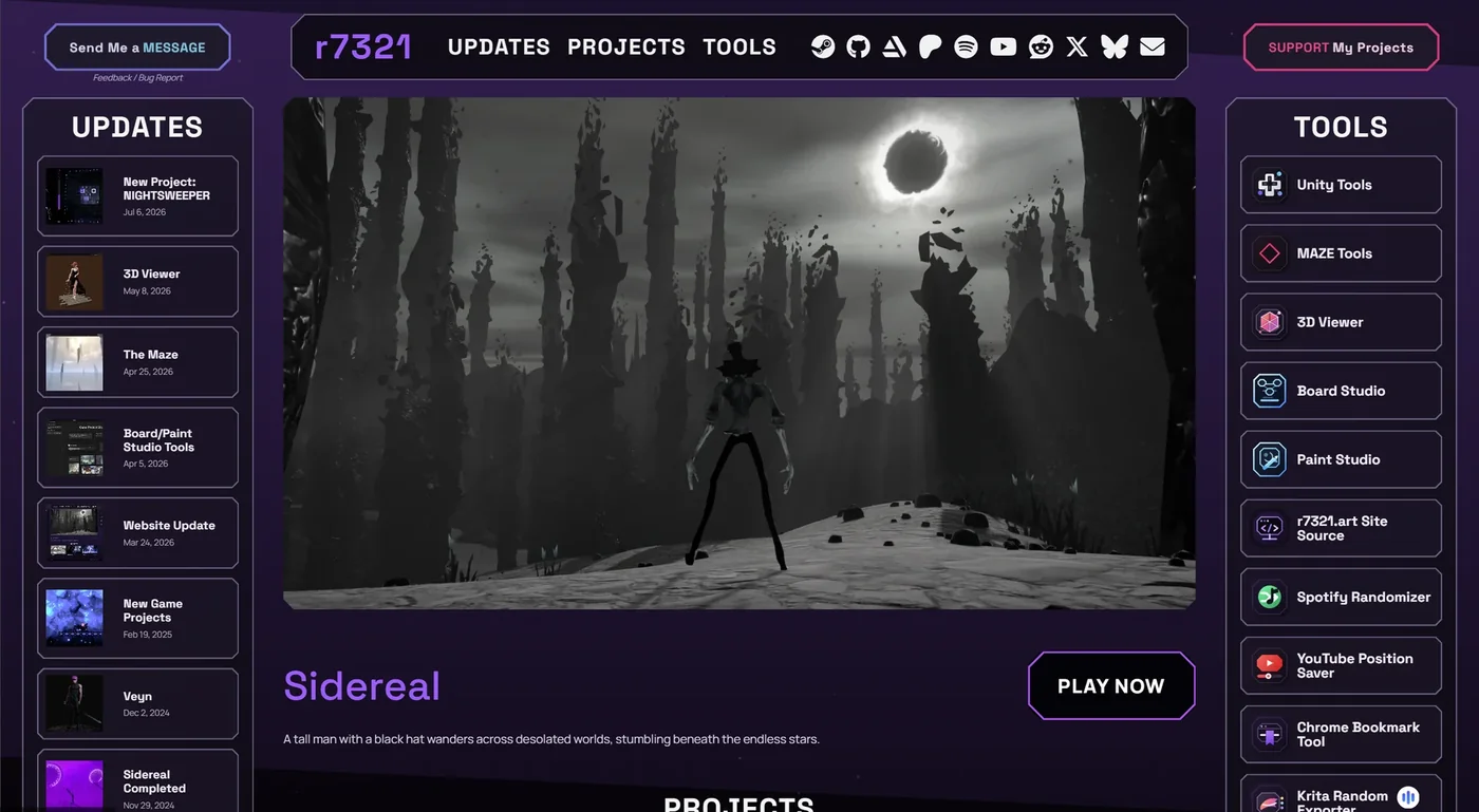 r7321.art homepage with project, update, and tool sections