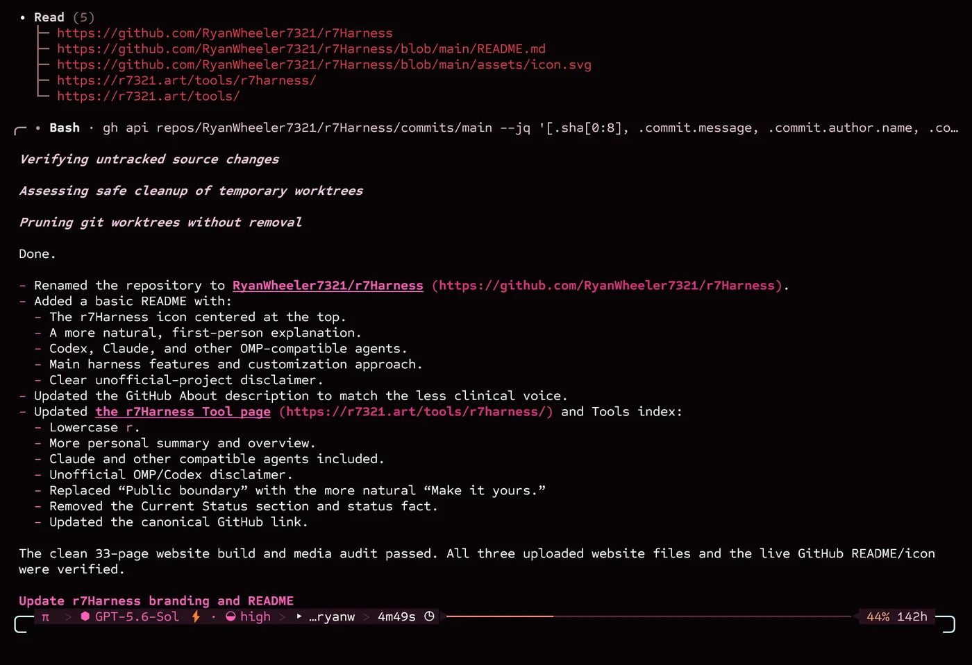 r7Harness terminal workspace showing a completed repository and website update