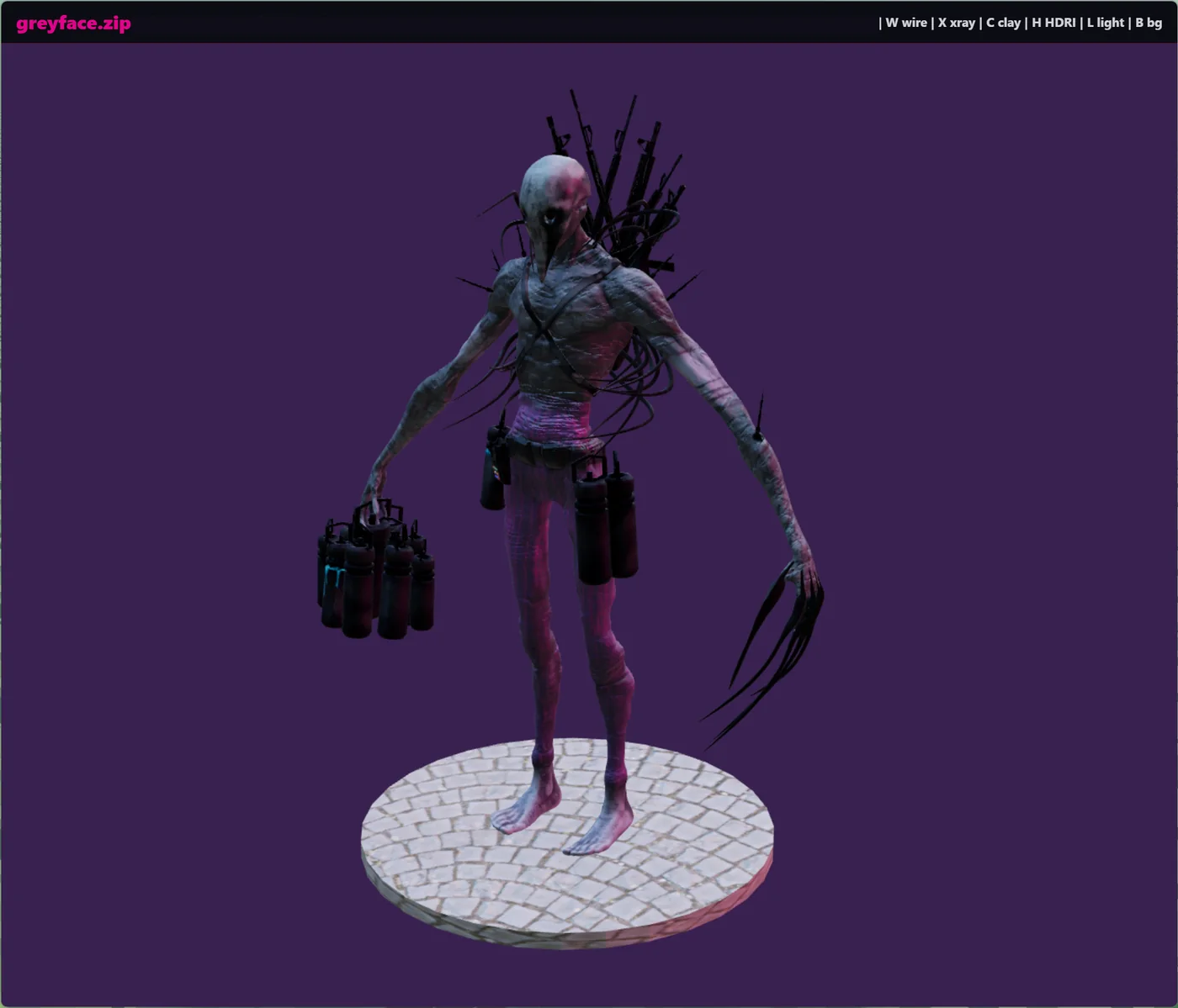 A dark generated character model viewed in the 3D viewer against a purple background.