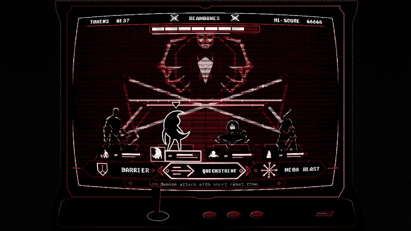 The bithunters party fighting a large armored enemy through the damaged arcade display.