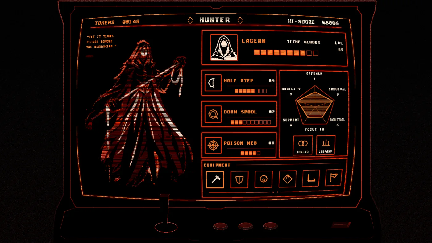 A hunter status screen showing abilities, equipment, and stats in bithunters.