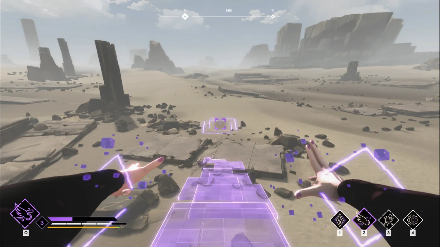 First-person exploration through the bright desert ruins in NIGHTSWEEPER.