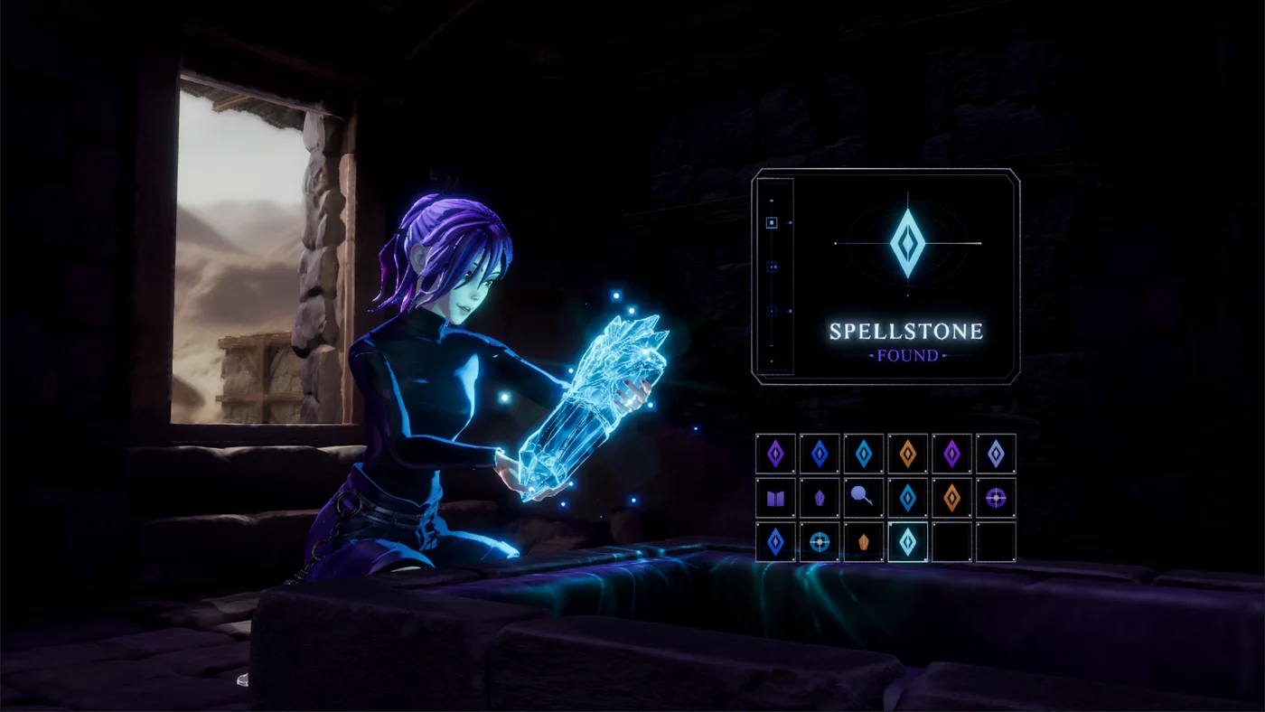 Melani holding a glowing blue spellstone beside the NIGHTSWEEPER inventory.