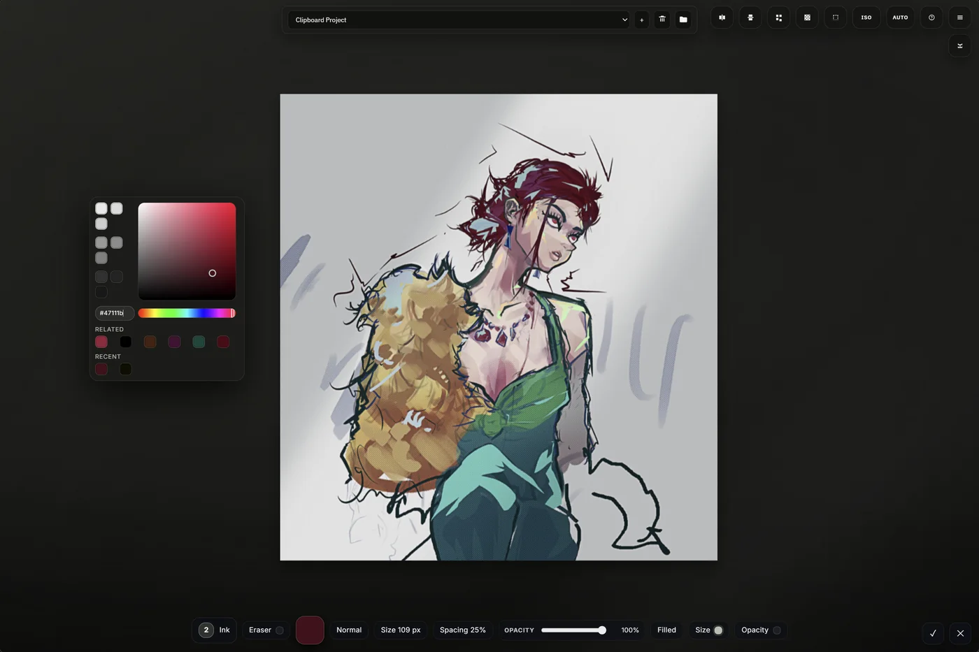 Paint Studio sketch workspace with color controls and a character concept on canvas.