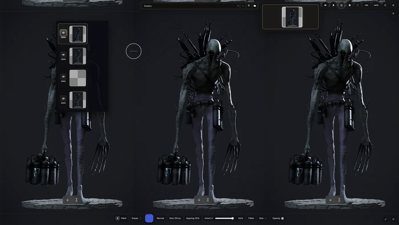 Paint Studio workspace showing tiled asset painting and multiple mirrored views.