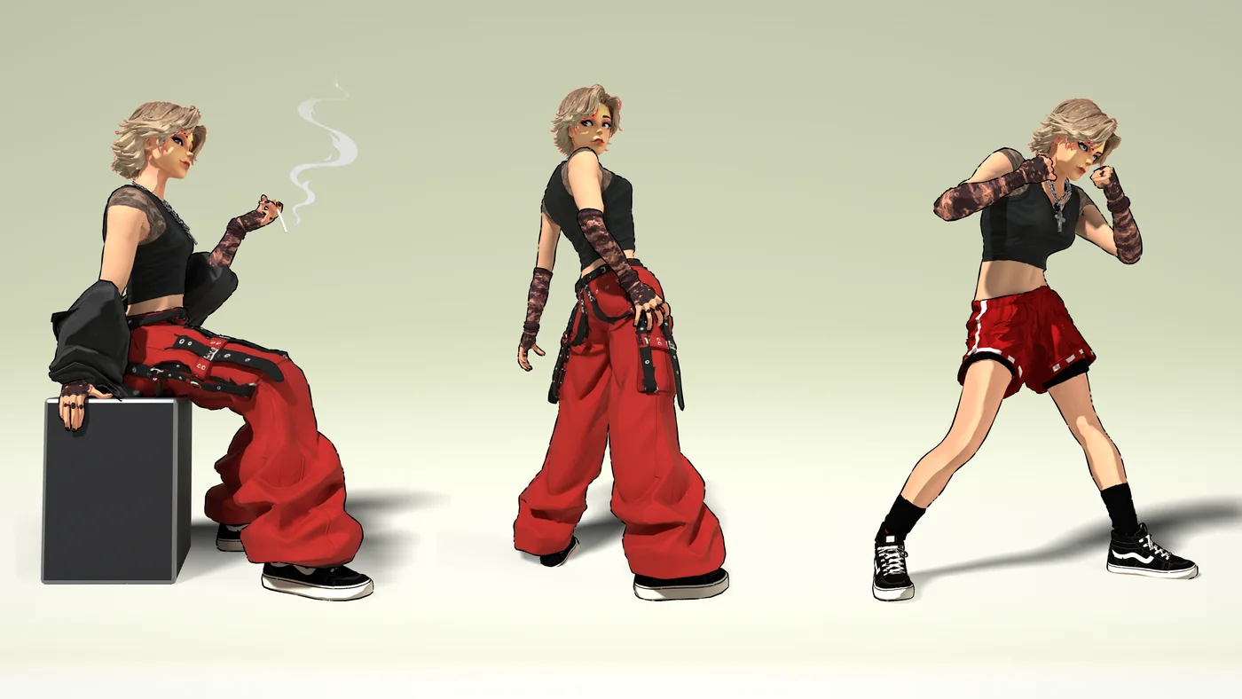 Mishu in three poses, sitting on a black box with a cigarette, looking back over her shoulder in red cargo pants, and in a fighting stance in shorts.