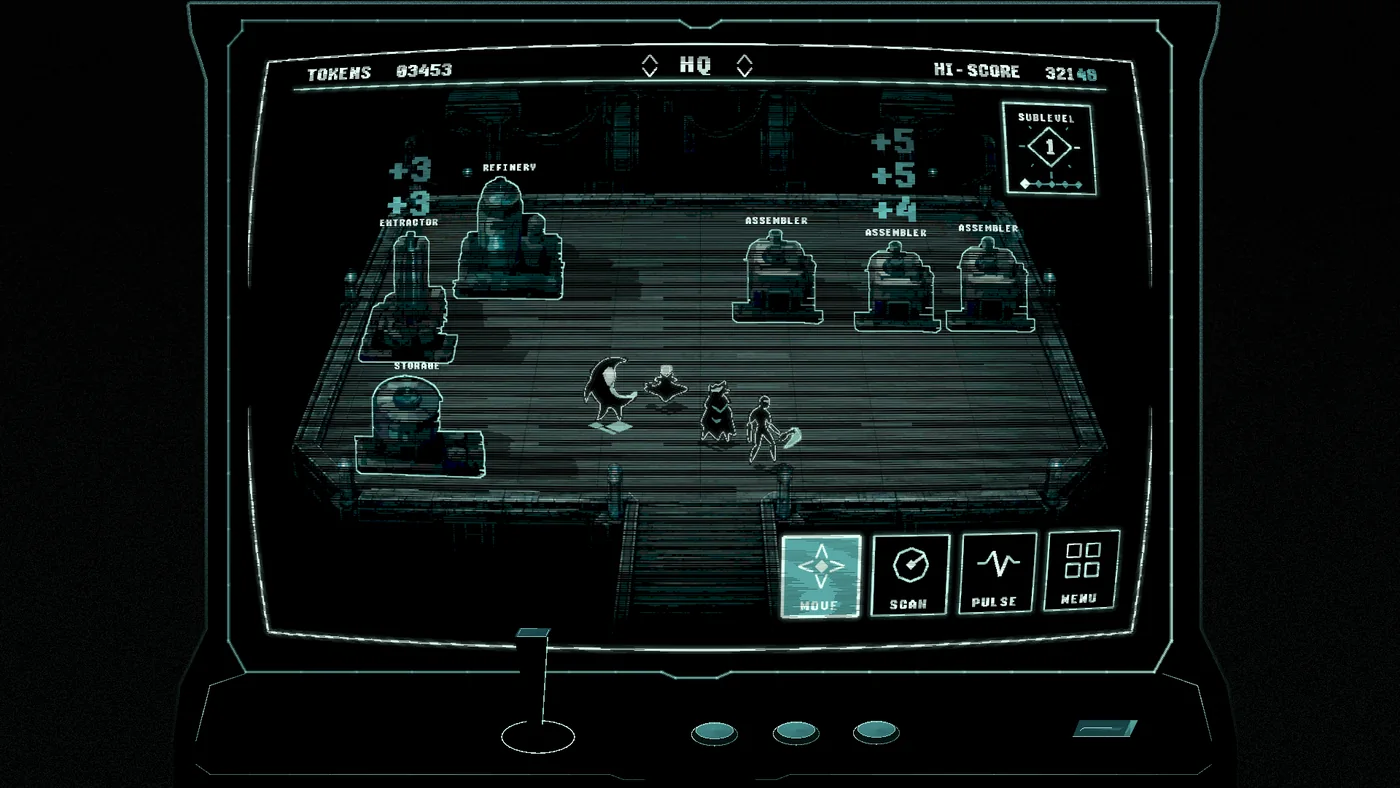 The bithunters party exploring its headquarters through a damaged arcade display.