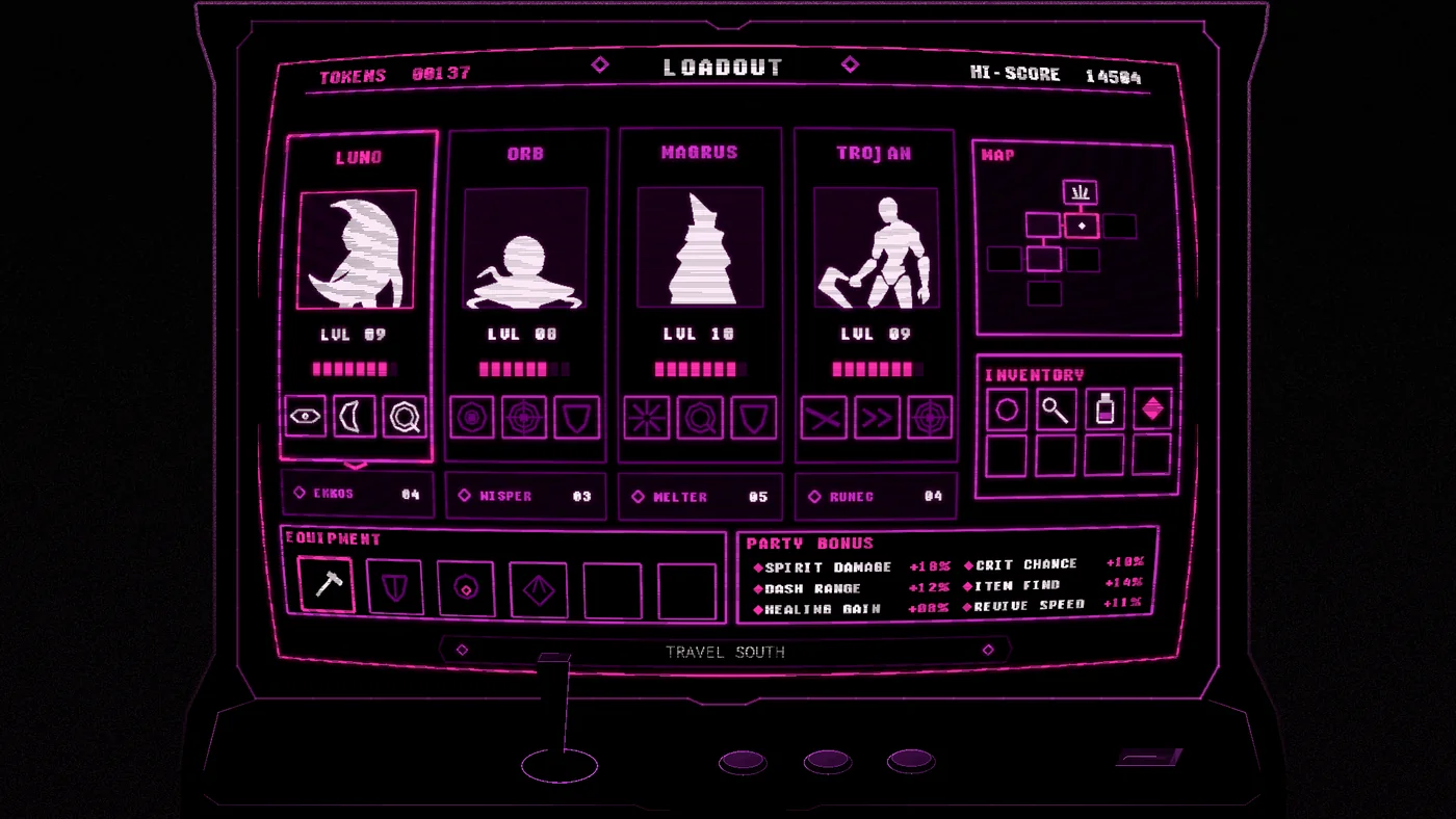 bithunters party loadout screen shown in its strong magenta palette.