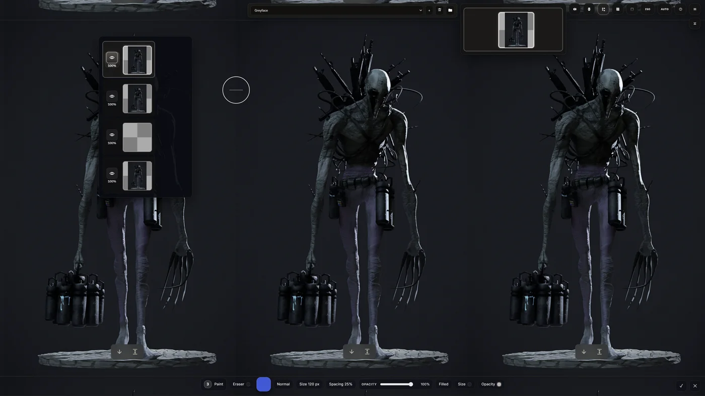 Paint Studio workspace showing tiled asset painting and multiple mirrored views.